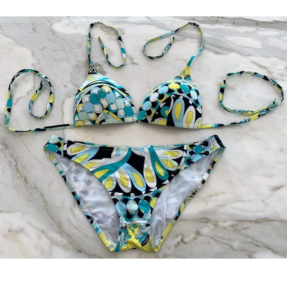 EMILIO PUCCI GREEN BLUE BLACK MULTI BIKINI SIZE IT 42 / US 8